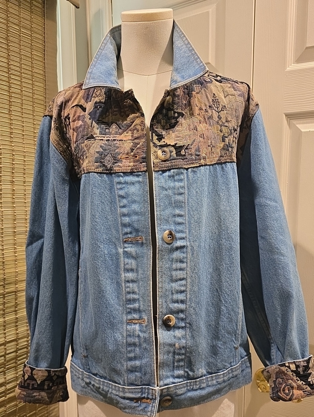L.L. Bean Light Blue Denim Jacket with Patterned Yoke and Cuffs
